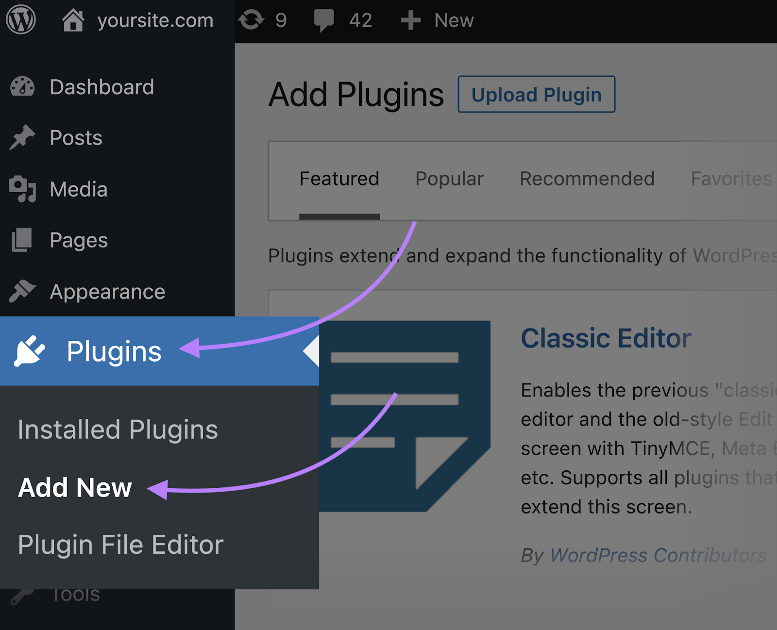 Plugins menu in WordPress