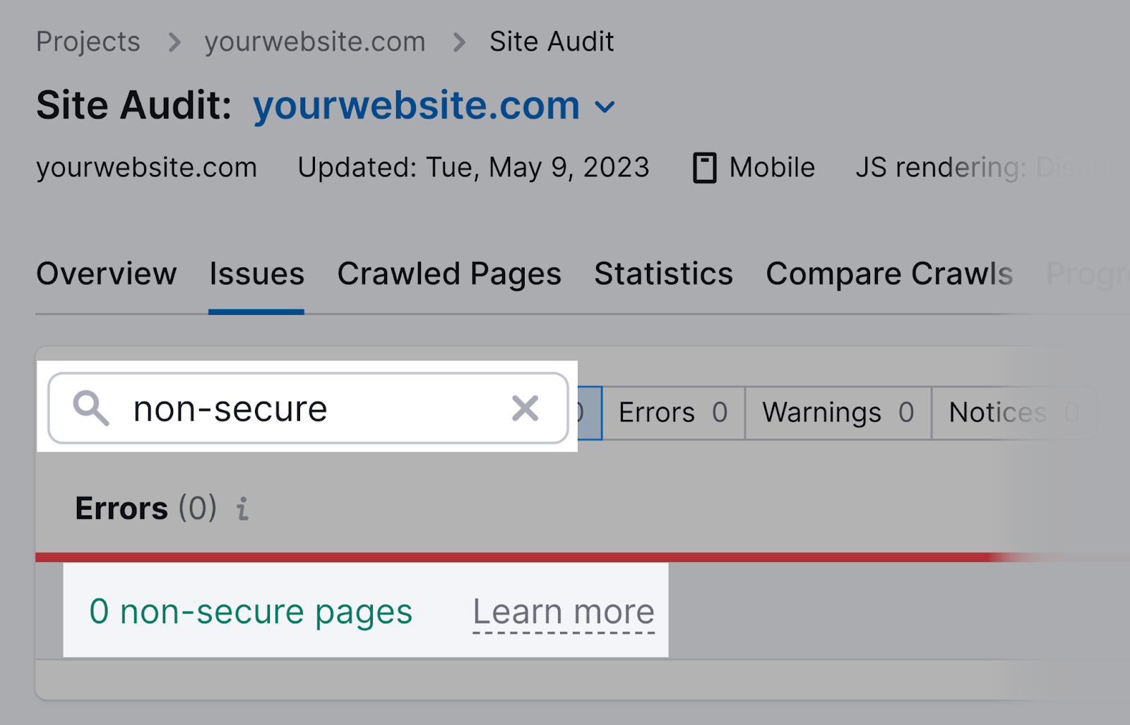 search for “non-secure” in Site Audit "Issues" tab