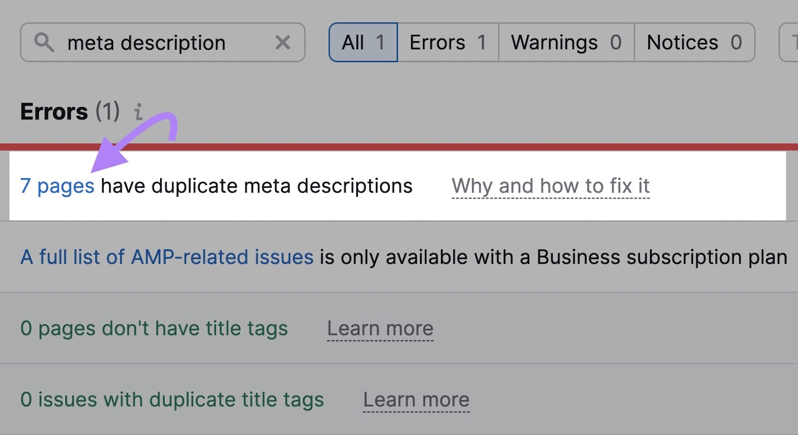 Semrush site audit meta description error with number of pages with issue highlighted