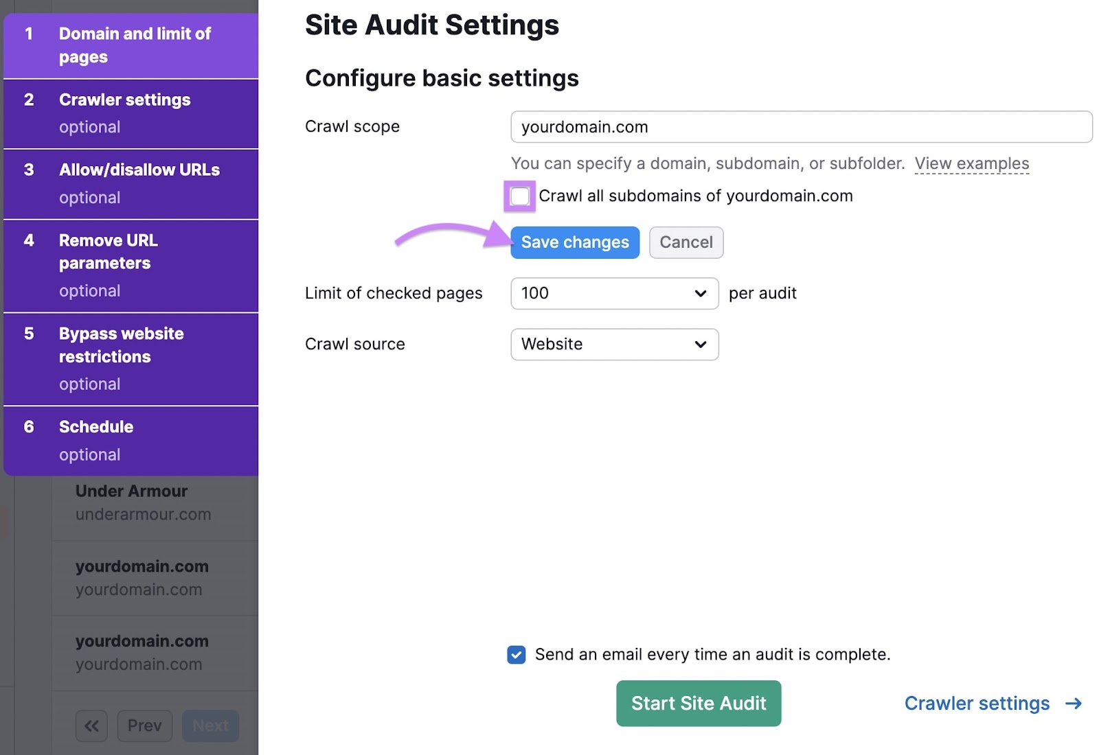 “Crawl all subdomains of [domain]” checkbox in Site Audit Settings