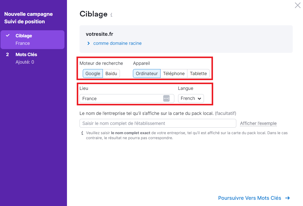 Configurer le moteur de recherche et le lieu dans Suivi de Position de Semrush