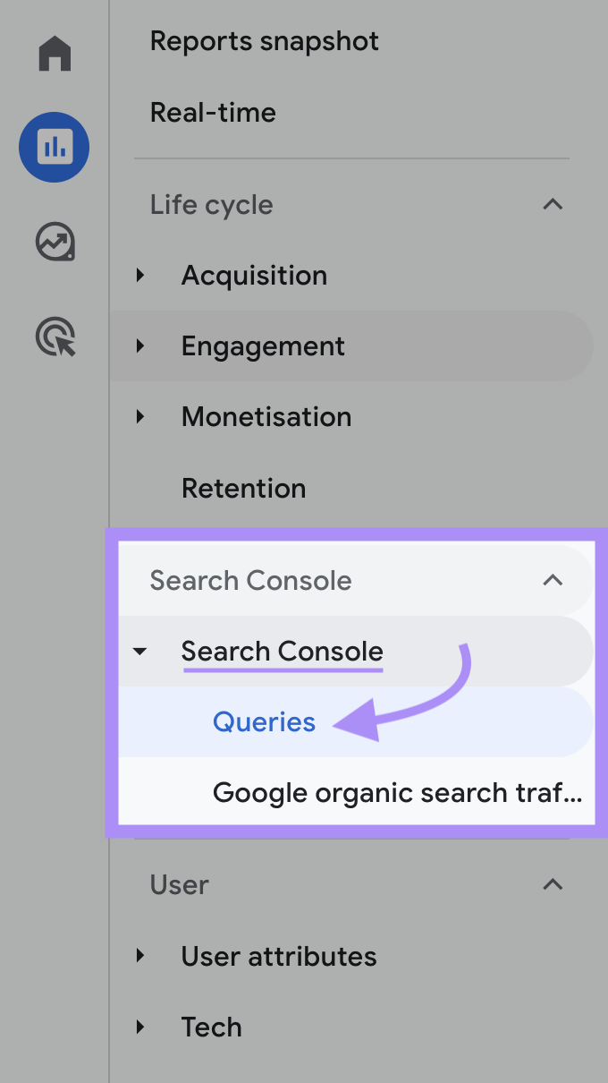 Navigating to “Search Console” > "Queries" in GA4 sidebar