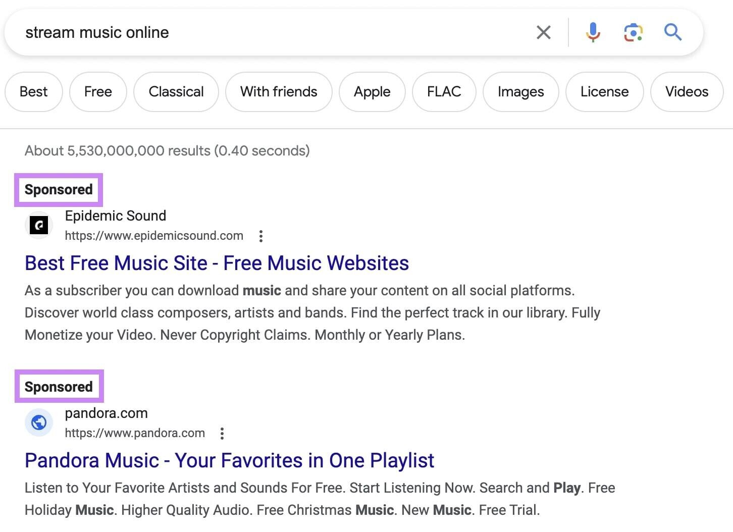 an example of PPC ads in Google SERP for "stream music online" search