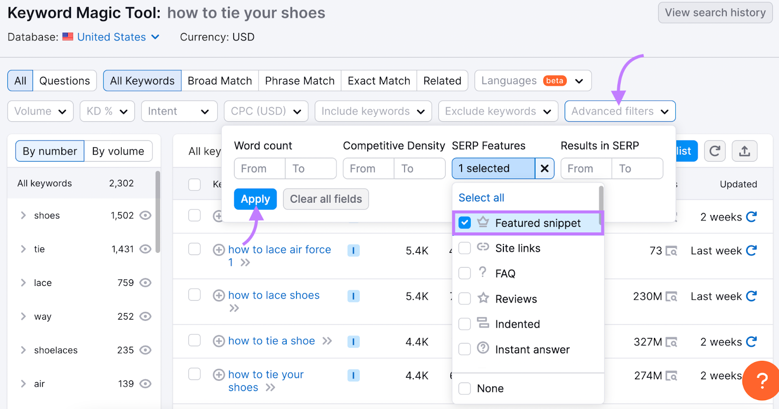 "Featured snippet" box selected from the advanced filters in Keyword Magic Tool