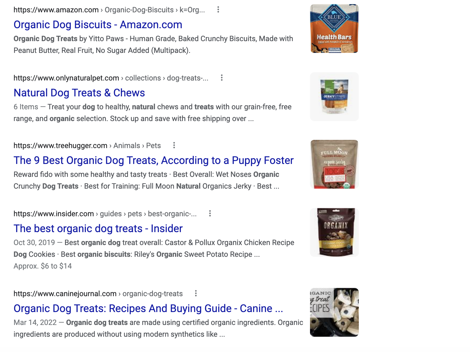 Google's first page search results for “organic dog treats"