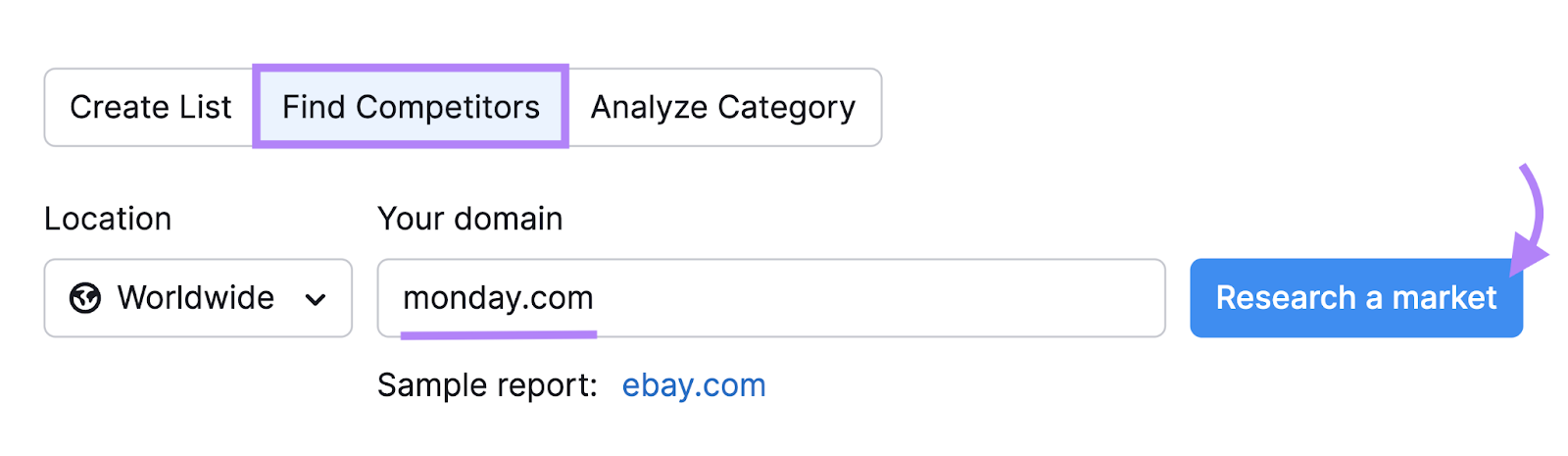 "monday.com" entered under "Find Competitors" tab in Market Explorer