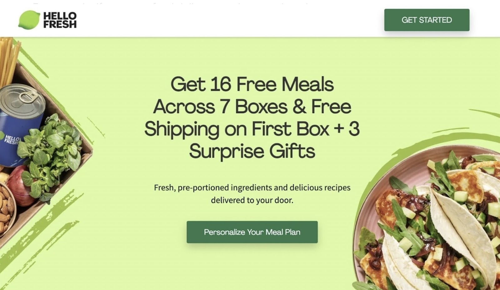 Tacos and meal plan boxes alongside a personalized meal plan offer