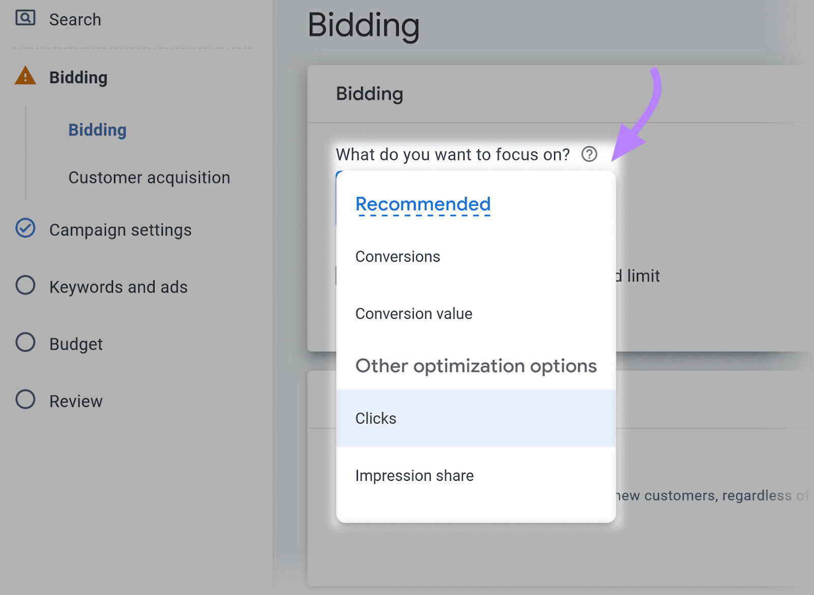 “Bidding” menu drop-down in Google Ads