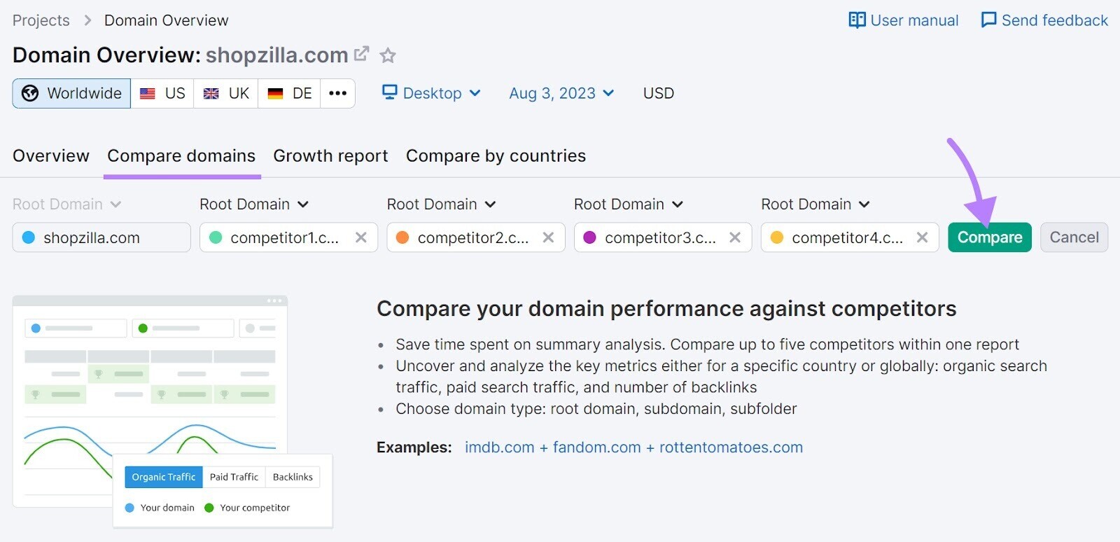 “Compare domains” tab in Domain Overview tool