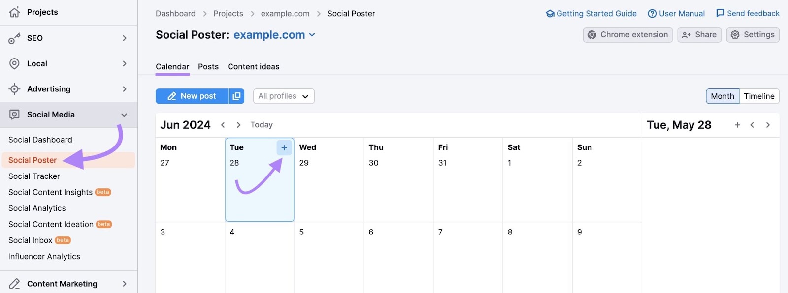 Scheduling a post on Social Poster by clicking the plus icon for a specific day in the calendar view.