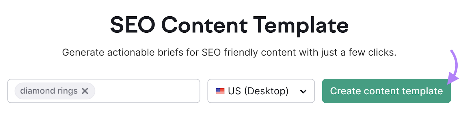 'diamond rings' entered successful  Semrush SEO Content Template hunt  barroom  with 'US (Desktop)' selected