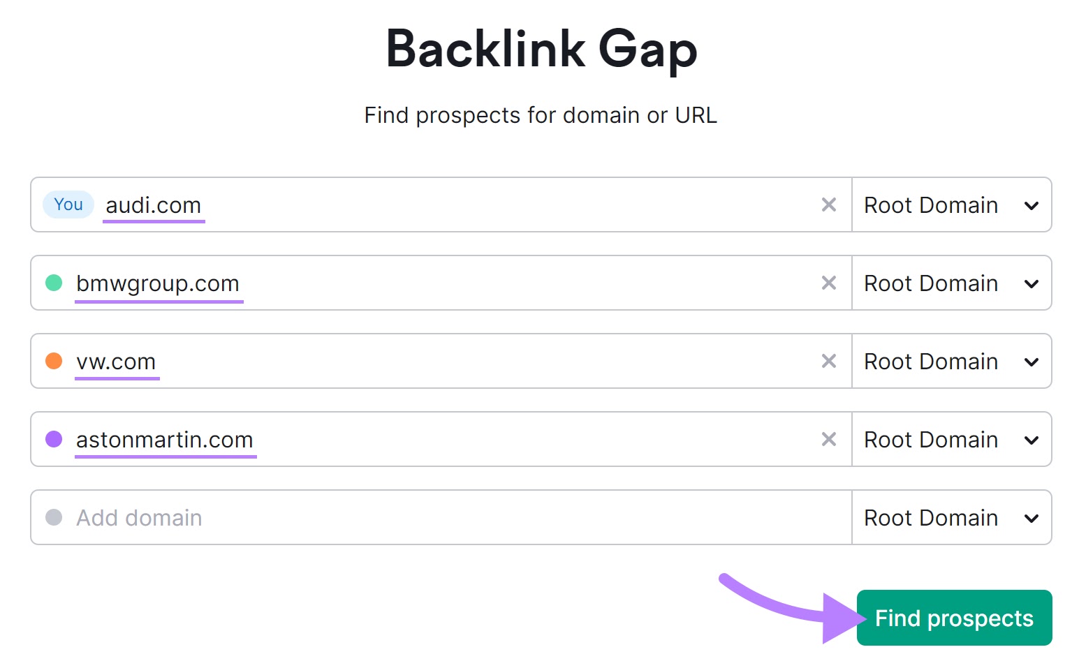 "audi.com" "bmwgroup.com" "vw.com" and "astonmartin.com" entered into the Backlink Gap tool