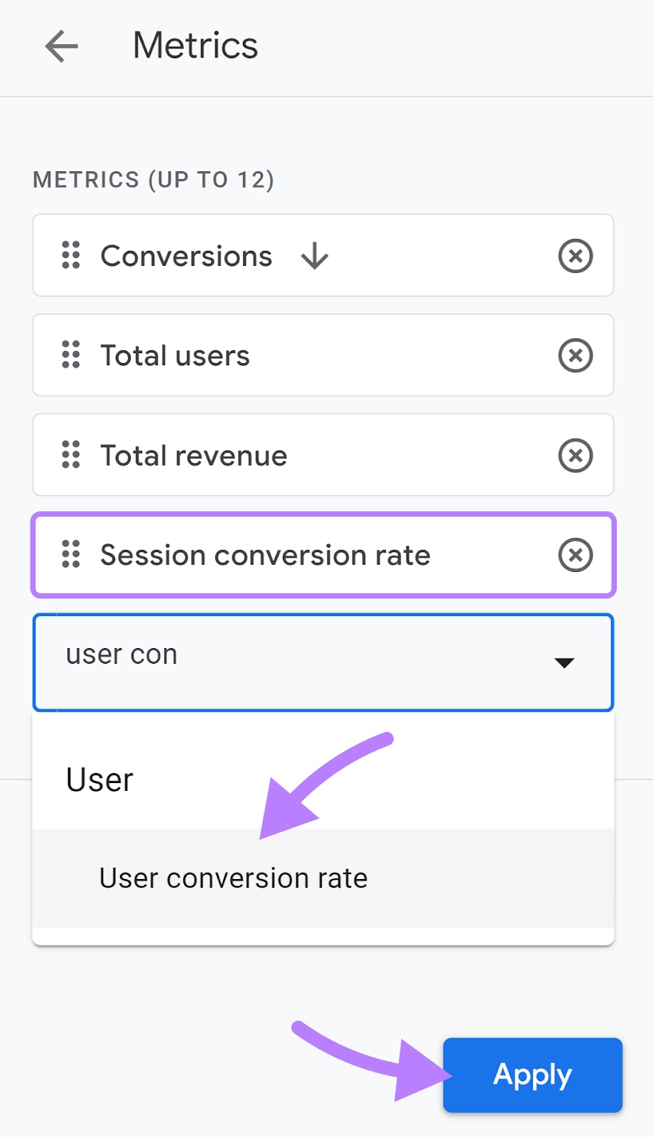 “User conversion rate" added under "Add metrics" field