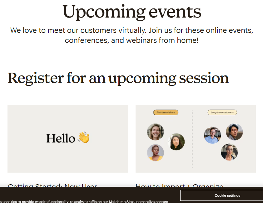 Mailchimp's upcoming events section