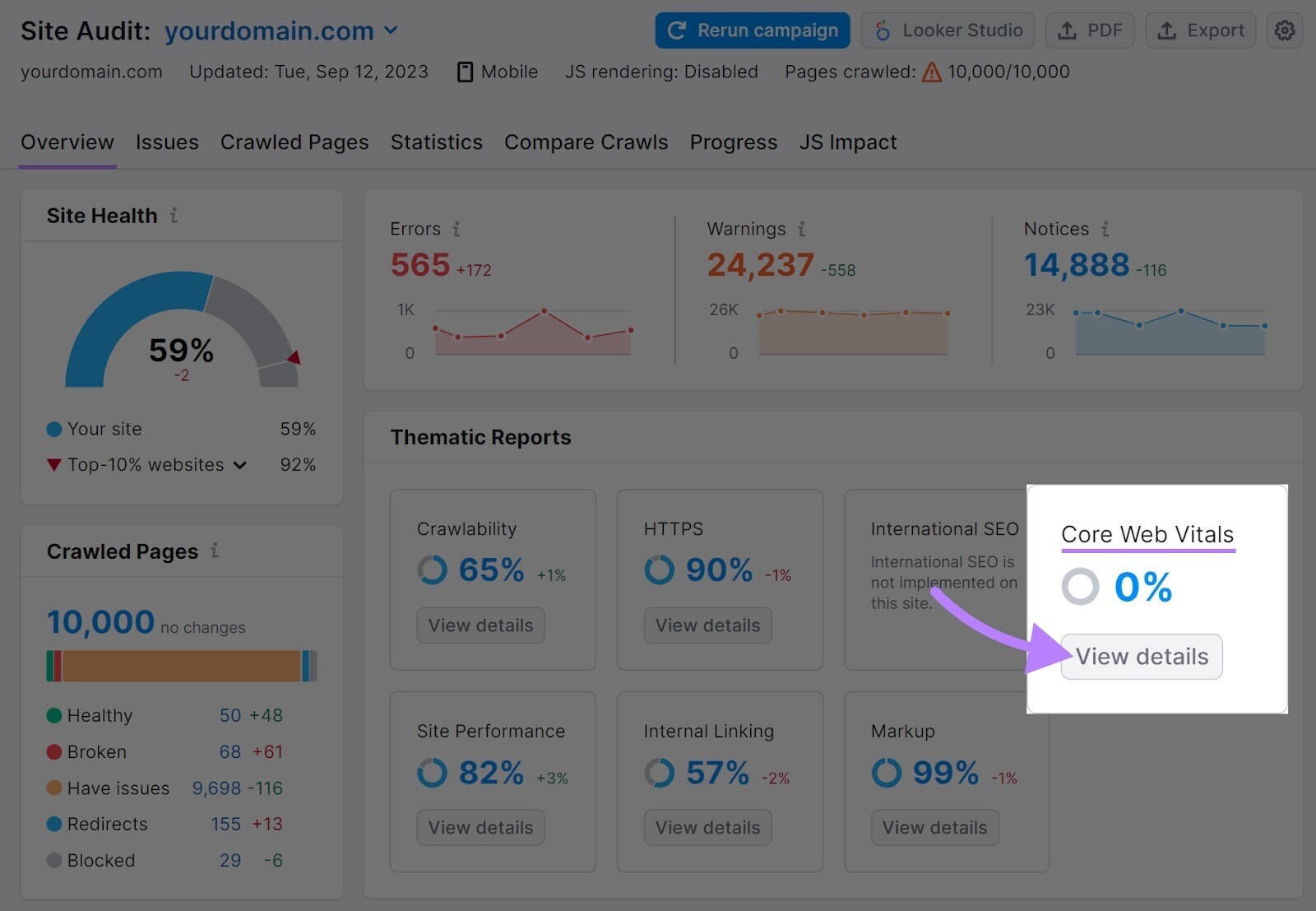 “Core Web Vitals” box highlighted in Site Audit's overview dashboard