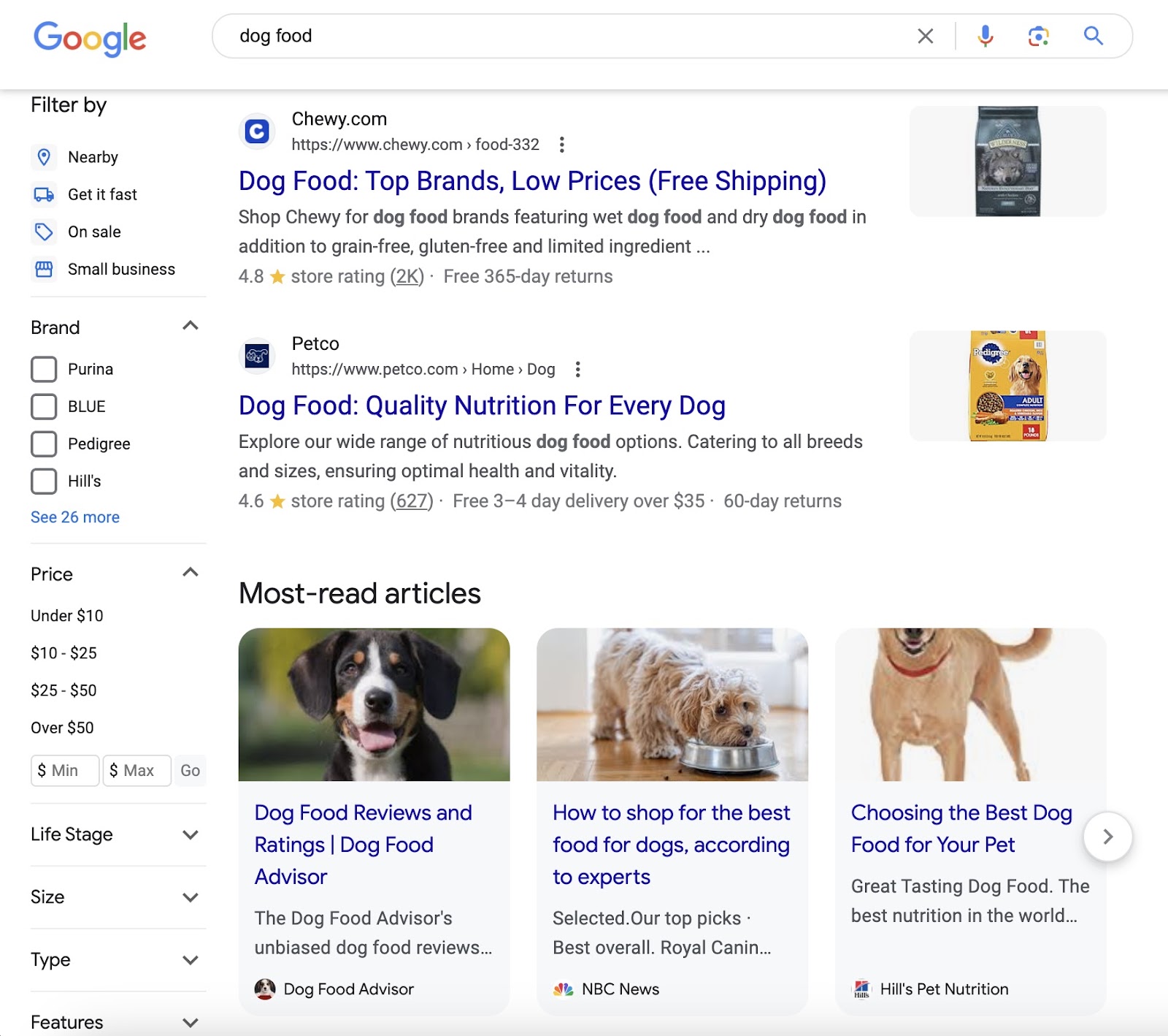 Google's integrated  hunt  results for "dog food" query