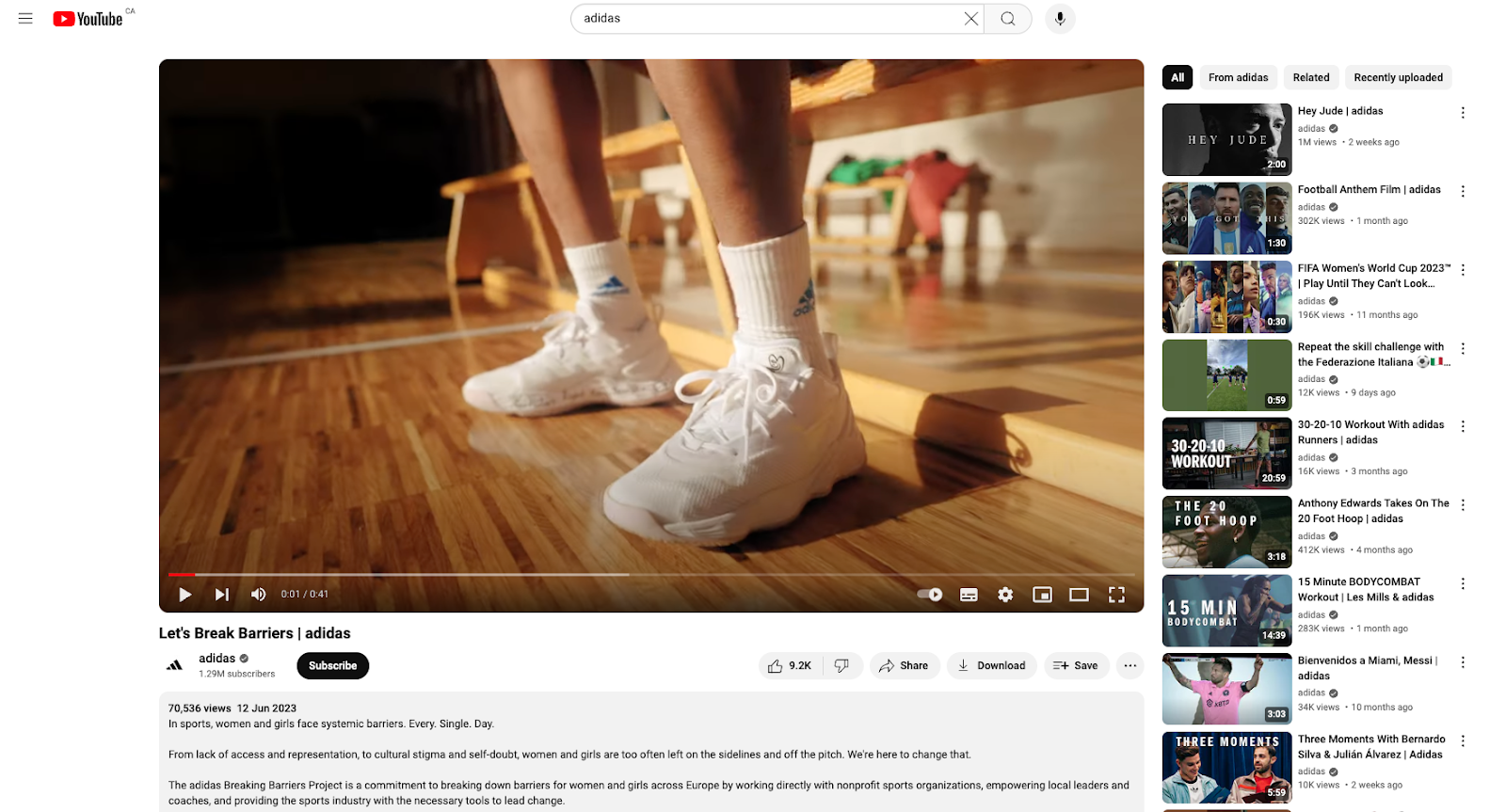 Adidas's campaign video on YouTube