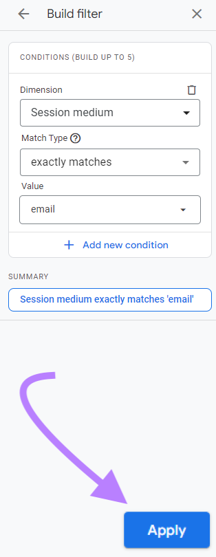 “Apply” button highlighted at the bottom of "Build filter" window