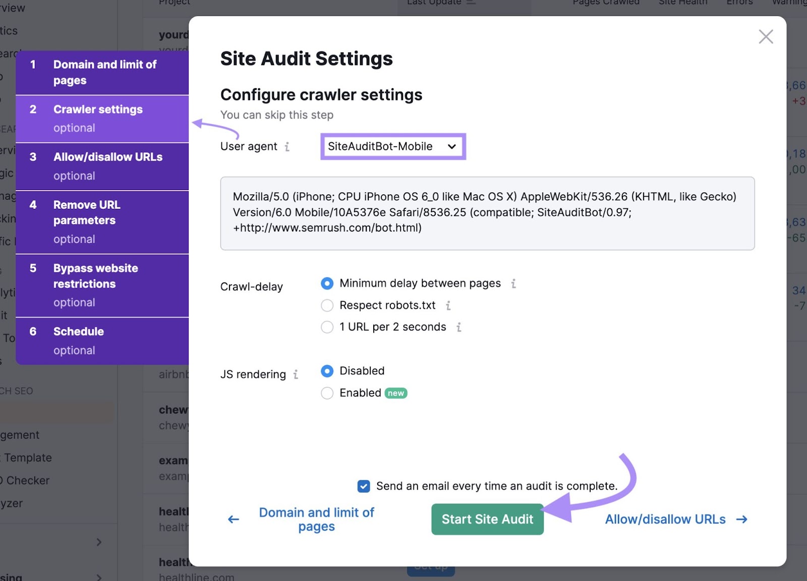 Site Audit configuration settings