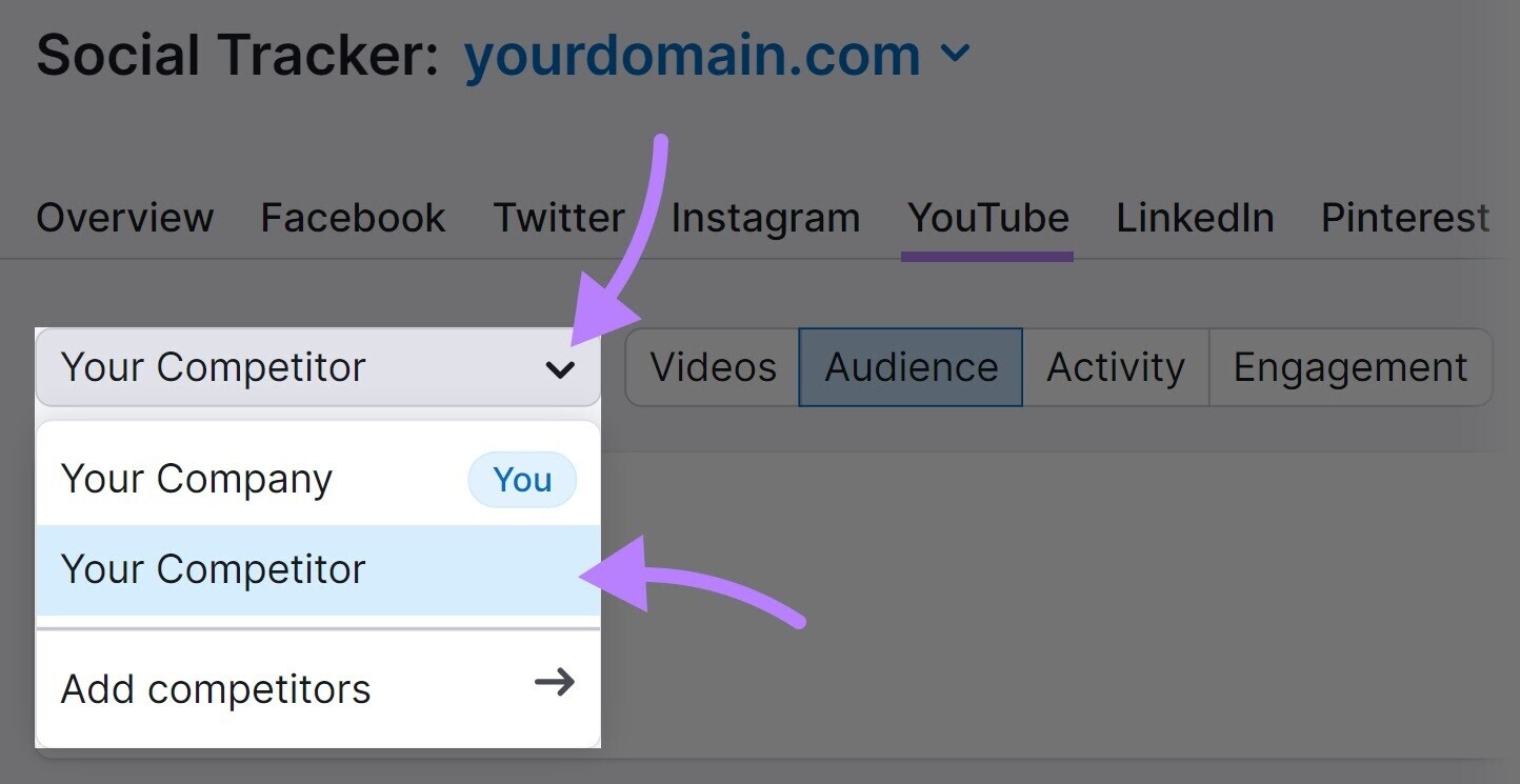 "Your Competitor" drop-down menu in Social Tracker