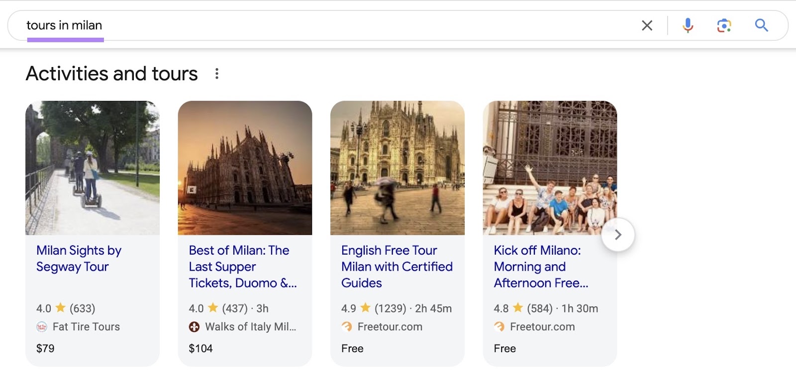 Google SERP for the query "tours in Milan" showing rich results which include tour names, ratings, duration, pricing, etc.