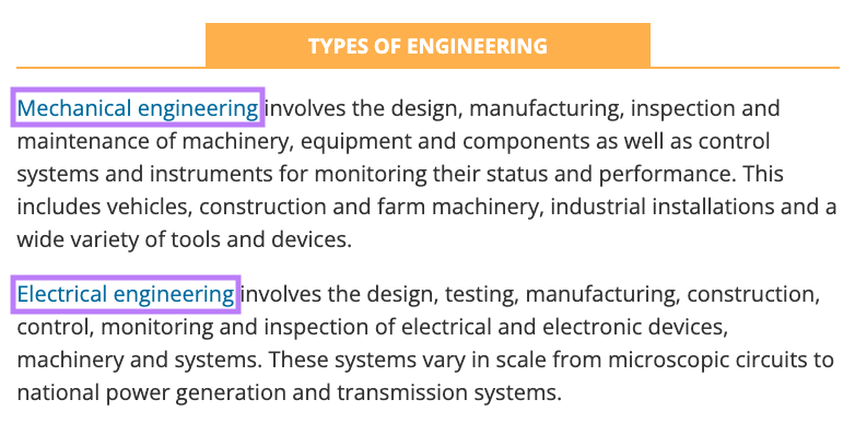 "Types of engineering" section of Live Science's page on engineering