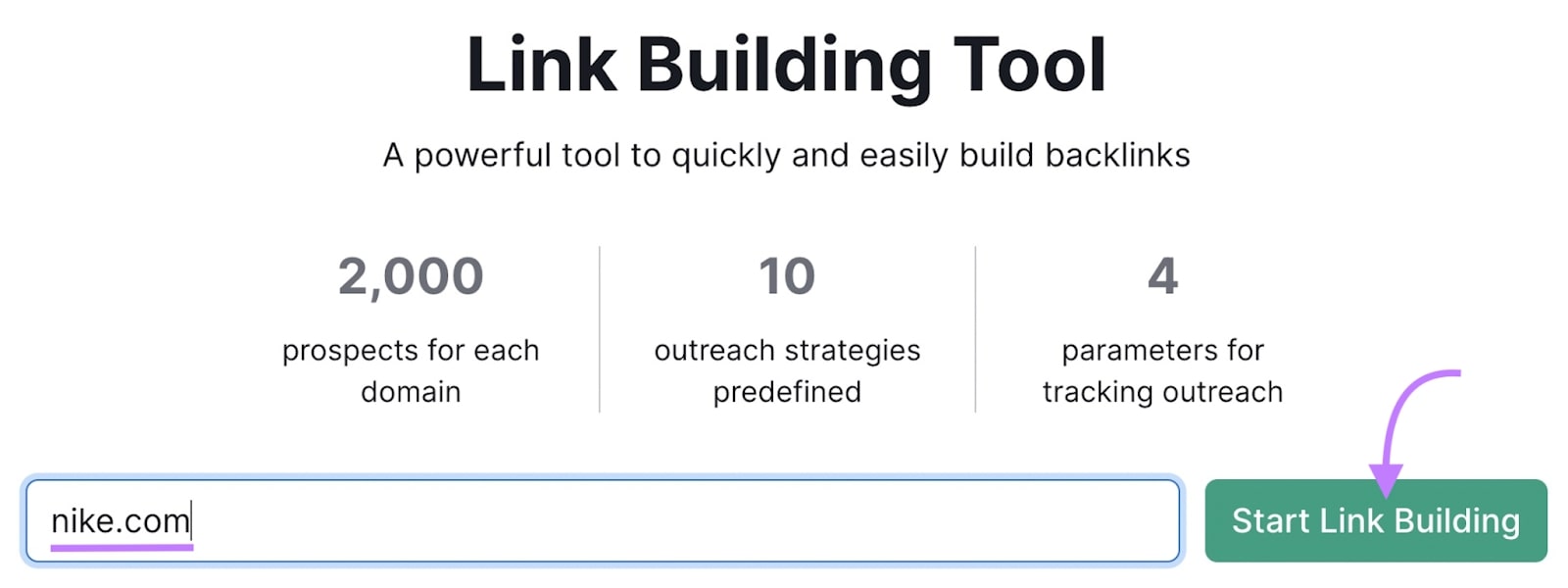 "nike.com" entered into the Link Building Tool search bar