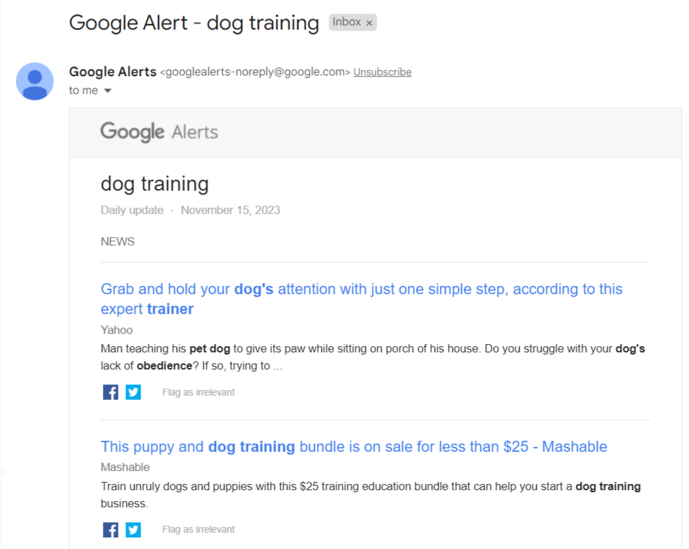 Google Alerts email alert for "dog training"