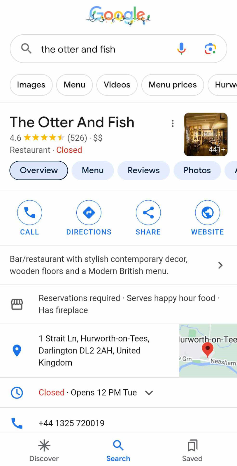Google Business Profile for "The Otter And Fish" on mobile SERP