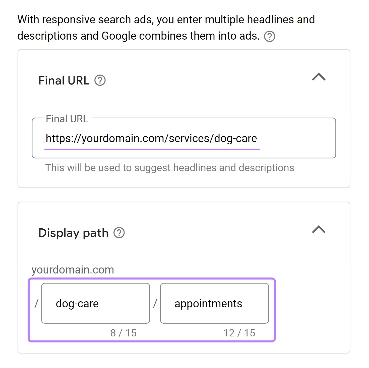 Adding the final URL and display path to Google Ads