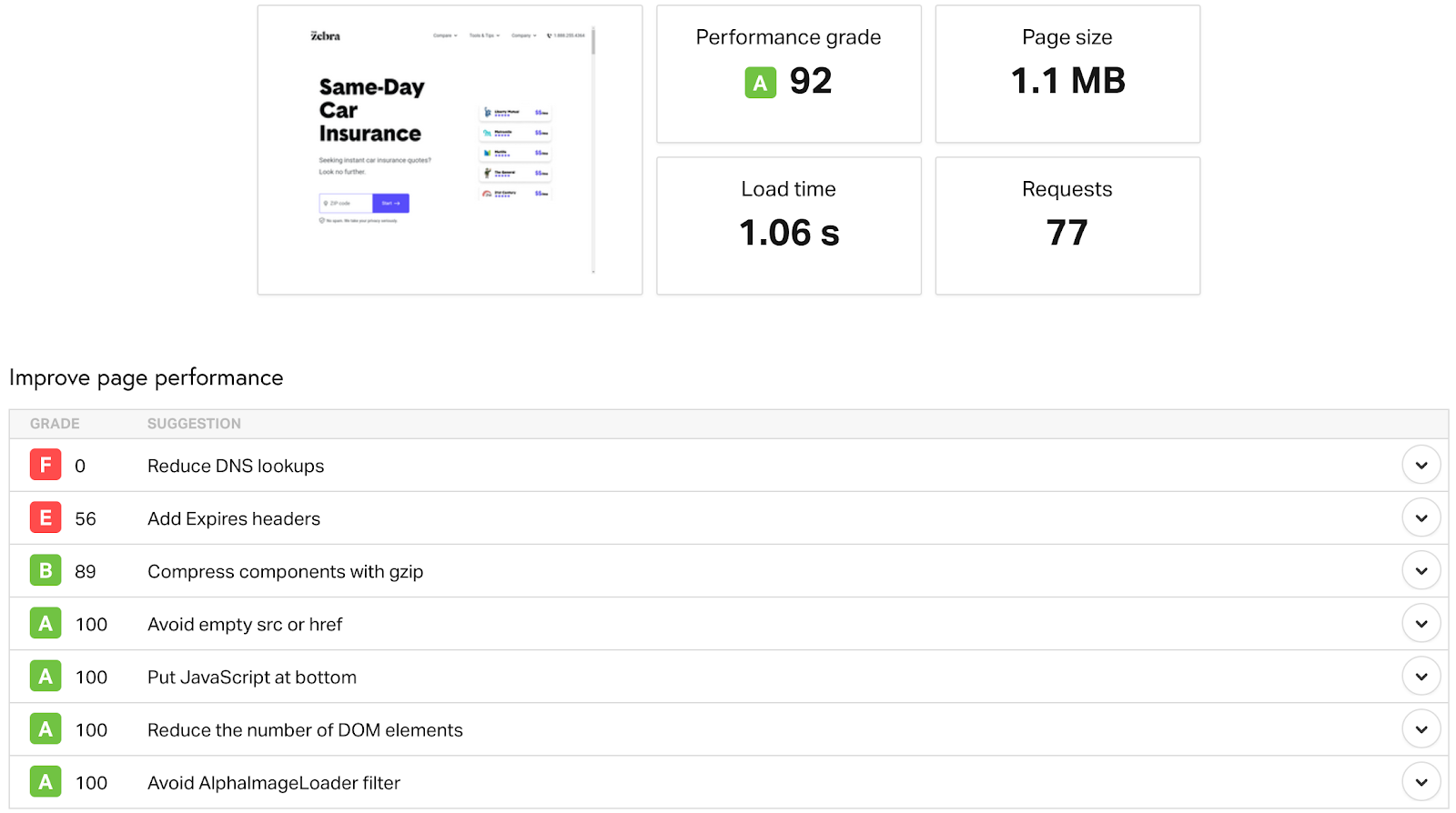 Page speed suggestions from report
