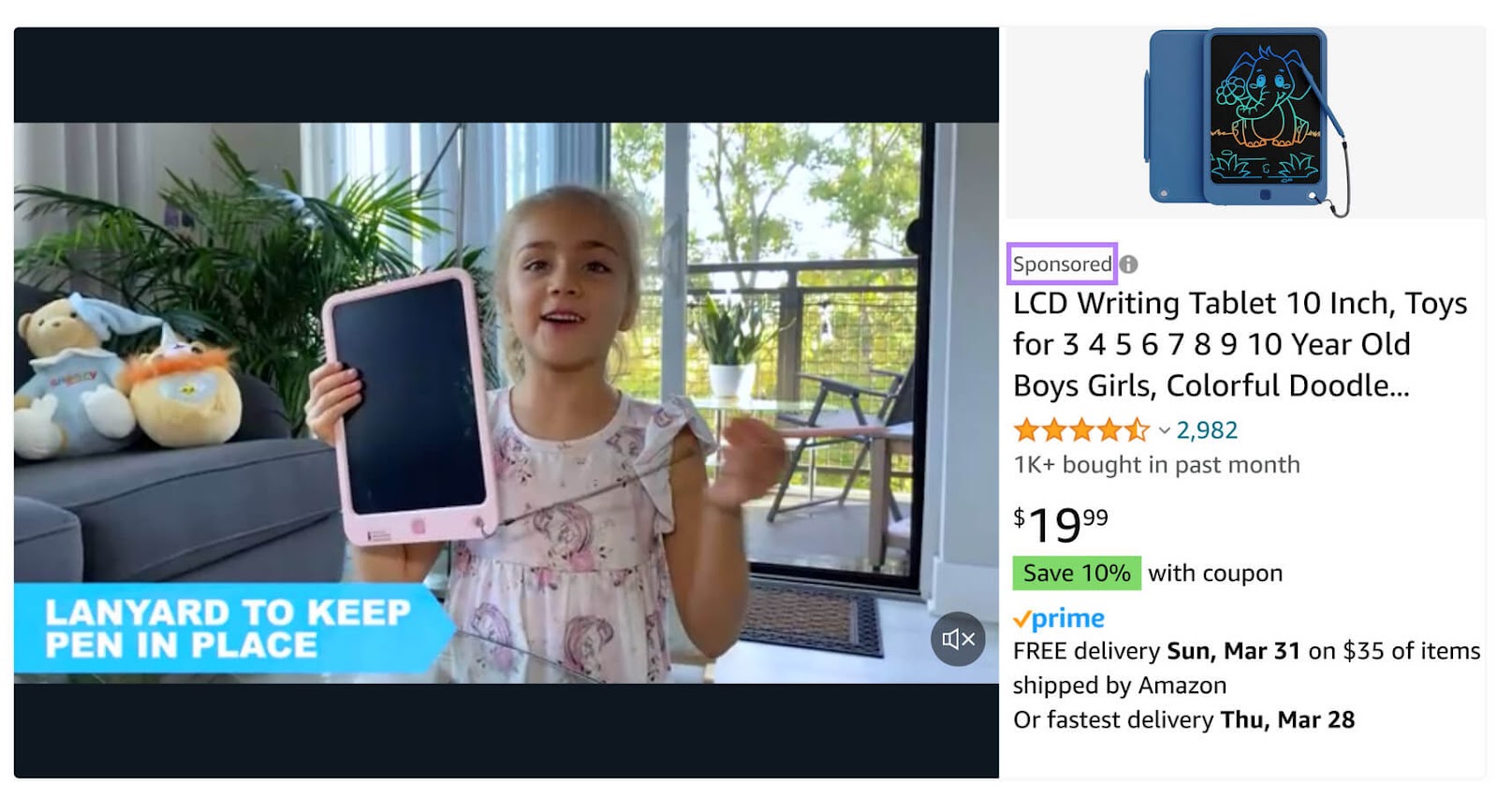 A sponsored merchandise  advertisement  for a penning  tablet connected  Amazon