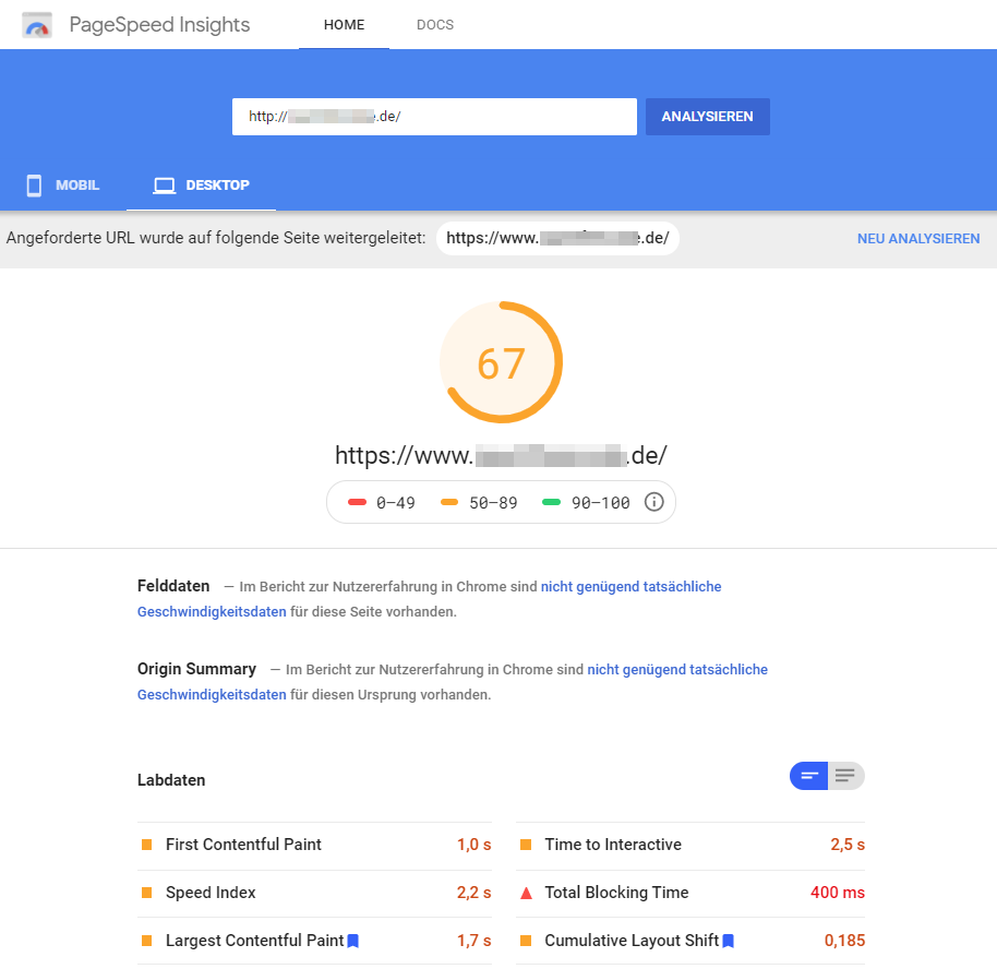 PageSpeed Insights: Ergebnisse für Desktop