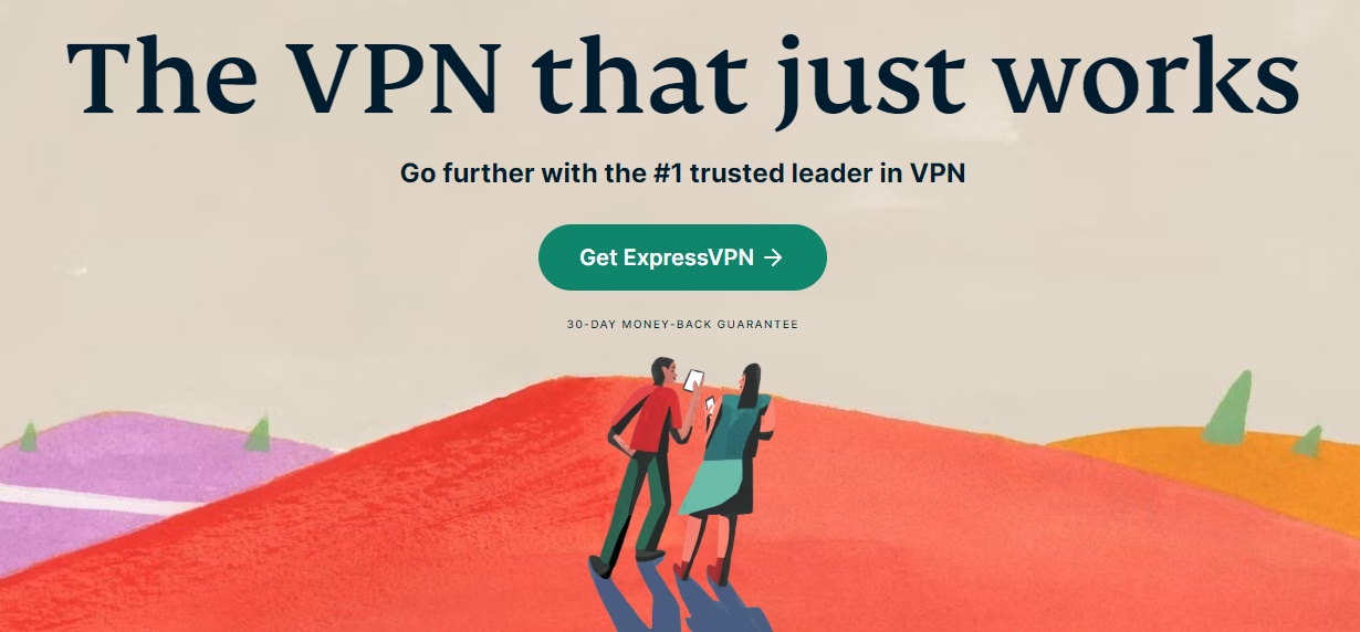 ExpressVPN's landing page with "The VPN that just works" headline