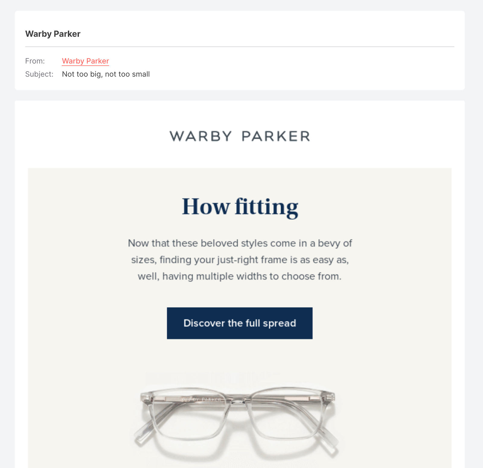 Warby Parker email shows new frame sizes to fit all faces