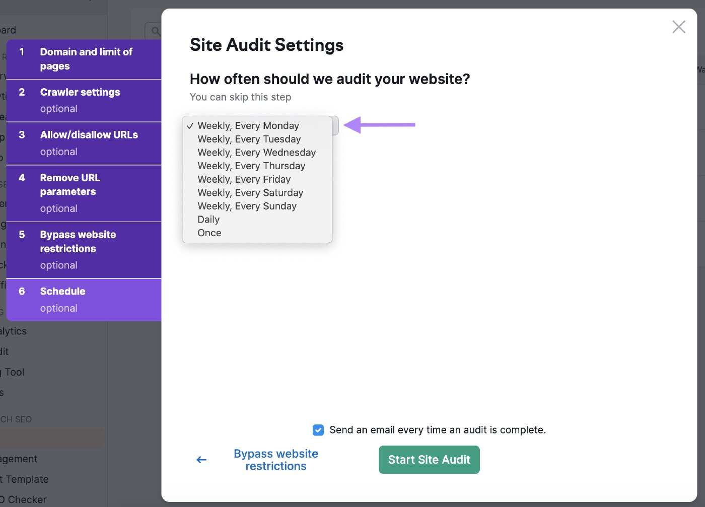 Página de configurações "Com que frequência devemos auditar seu site?"