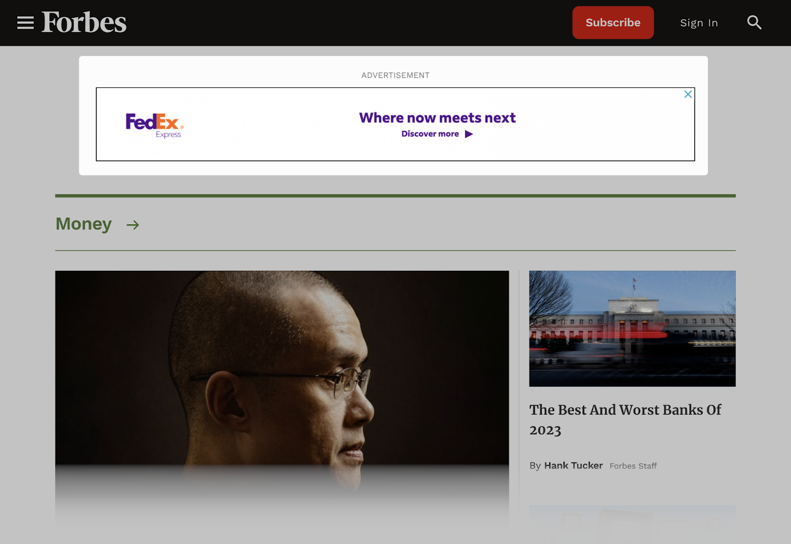 FedEx ad showing on Forbes' website