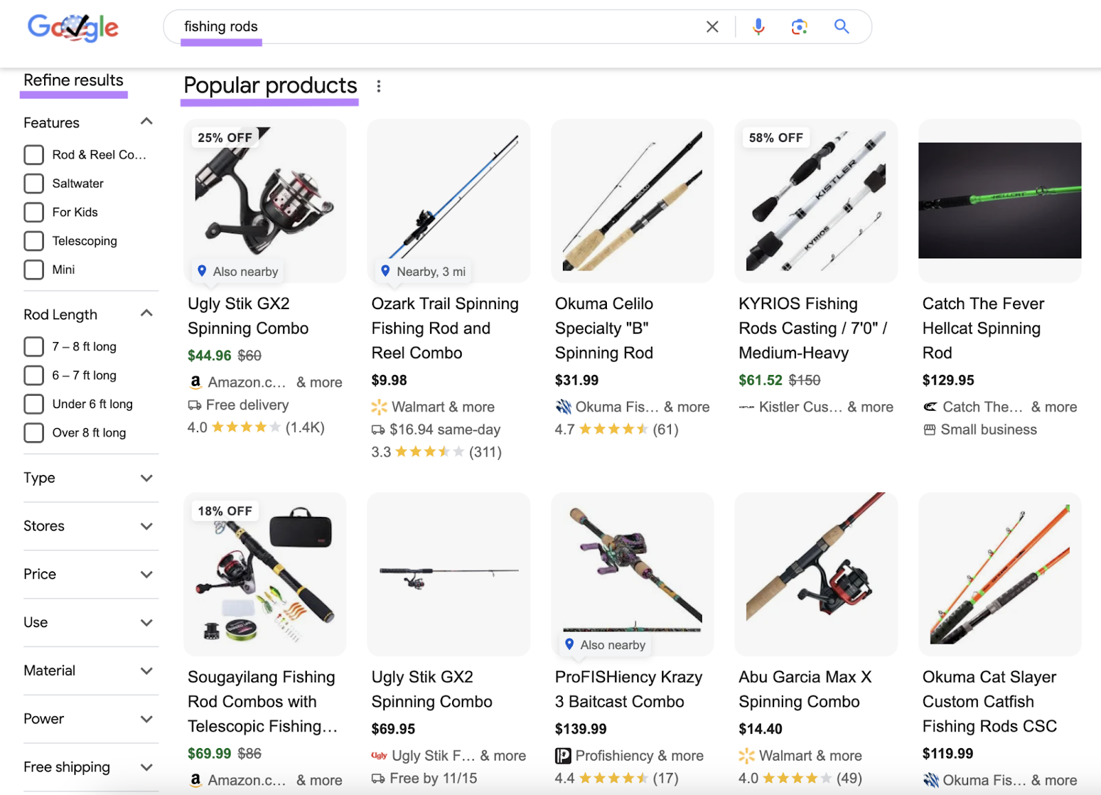 search for fishing rods shows popular products and allows you to refine results