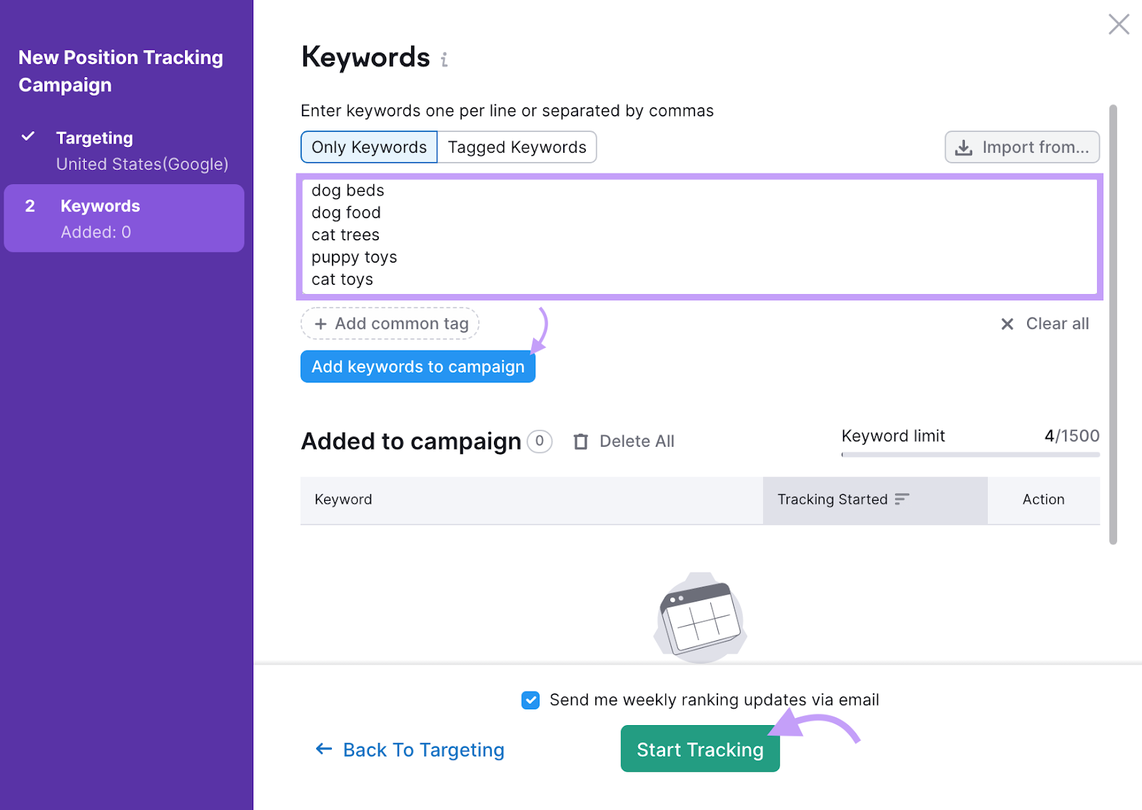 Position tracking keywords settings screen s،wing keywords to track such as dog beds and dog food.