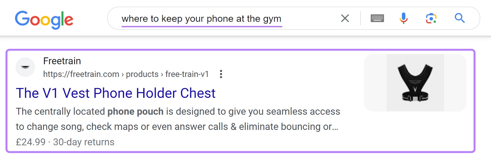 Freetrain's result on Google SERP for “where to keep your p،ne at the gym” query