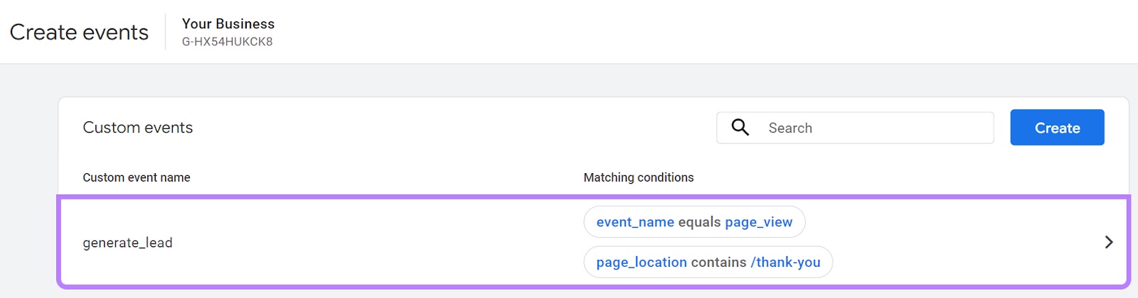 "generate_lead" new custom event in a summary list