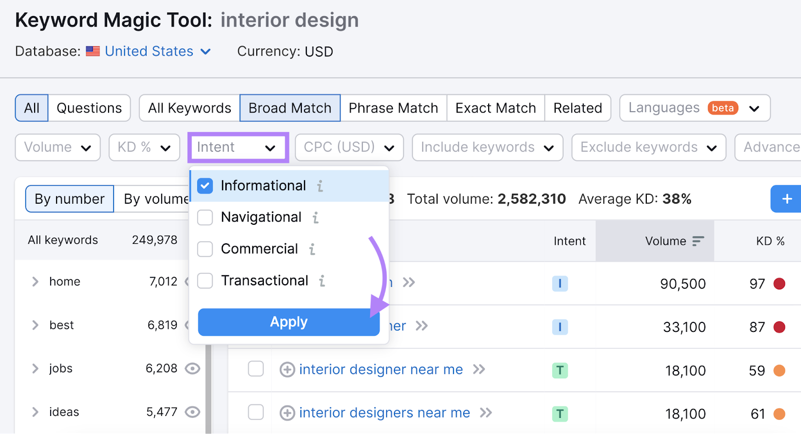 Filtering keyword results with search intent filter