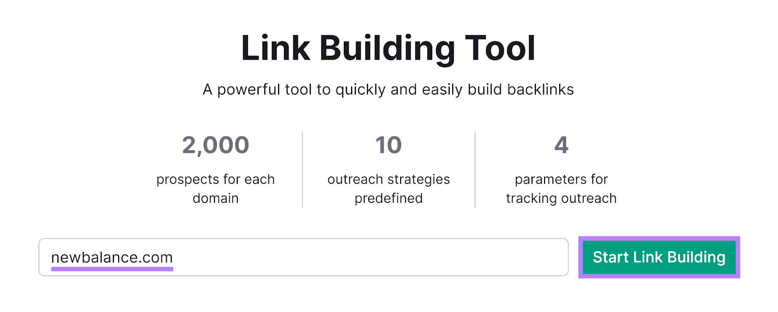 Link Building Tool start with domain entered and Start Link Building button highlighted.