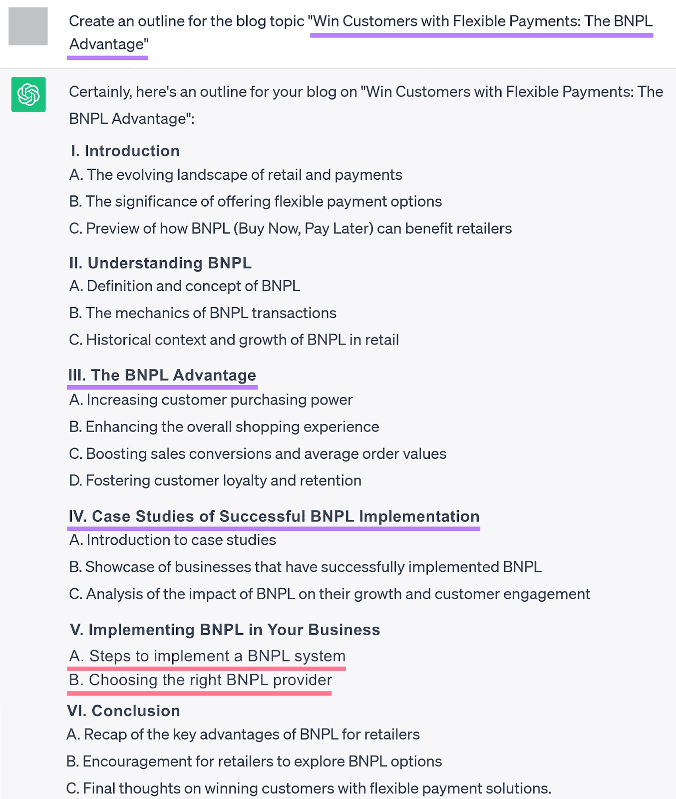 A prompt asking ChatGPT to generate an outline for “Win Customers with Flexible Payments: The BNPL Advantage” headline