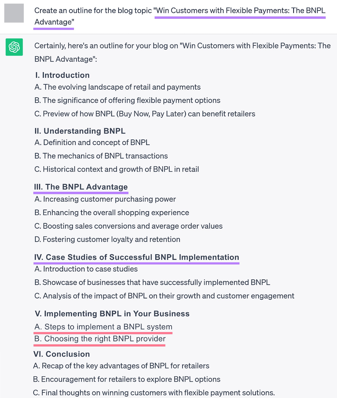 Um prompt solicitando ao ChatGPT que gere um esboço para "Conquiste clientes com pagamentos flexíveis": A vantagem do BNPL".