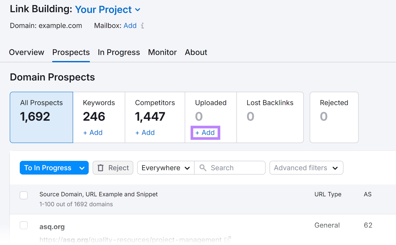 Link Building Tool’s Prospects tab with the “+ Add” option in the “Uploaded” box highlighted
