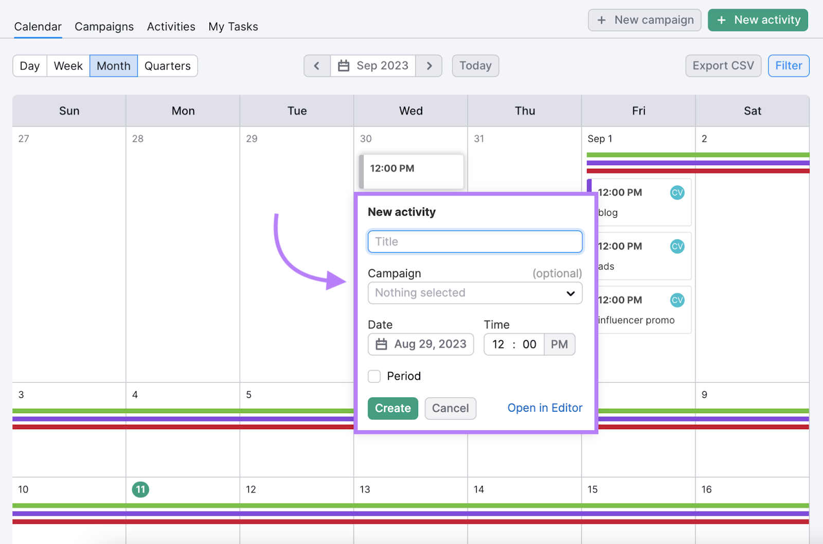 Create a new Marketing Calendar in the tool