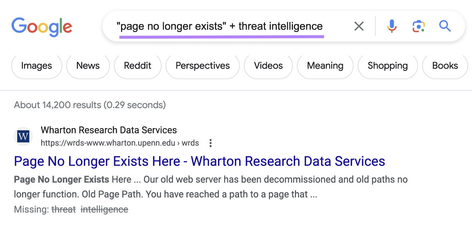 "“page no longer exists” + threat intelligence" search on Google