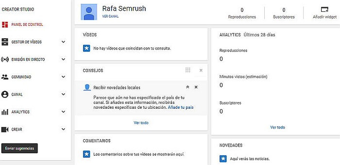 Crear canal Youtube - Panel control YouTube