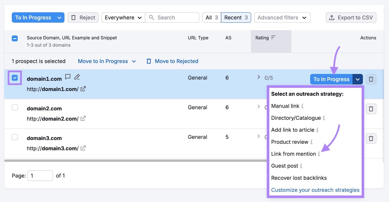 A URL selected, "To in Progress" clicked, and "Link from mention" selected from the drop-down on the Link Building tool.